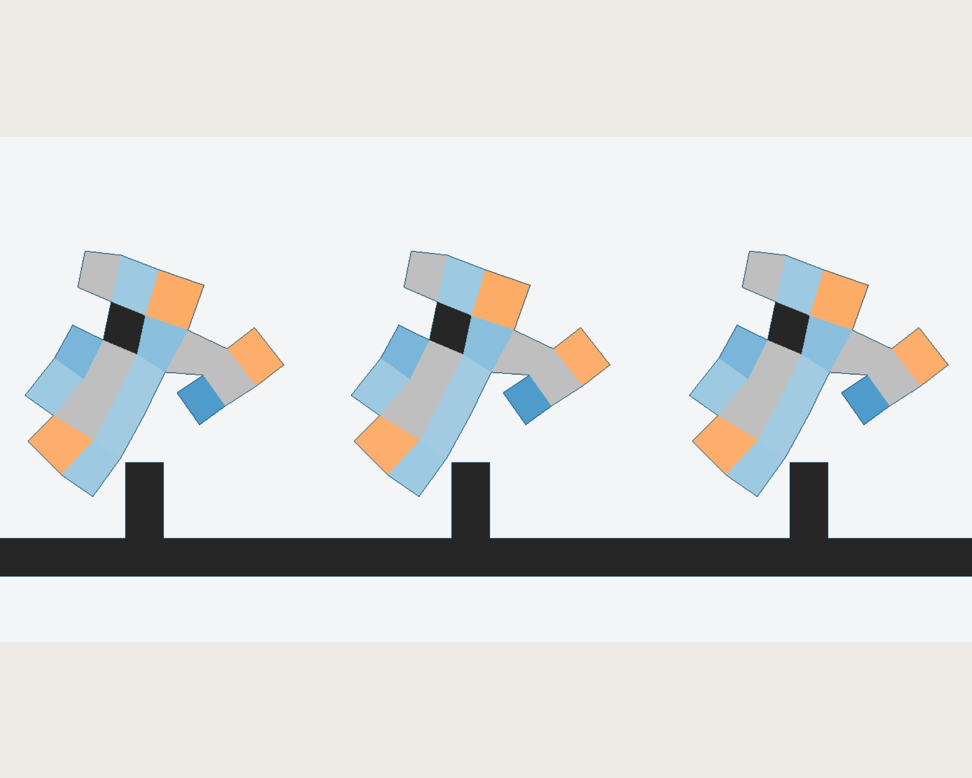 Three sequential images of a simulated robot jumping over an obstacle