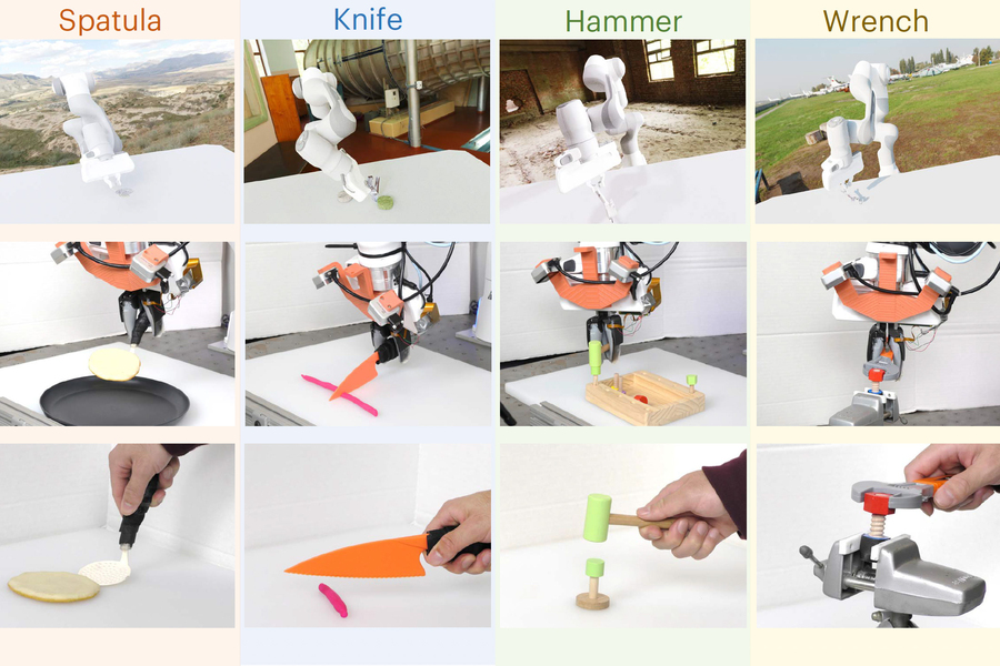 The policy composition technique the researchers developed can be used to effectively teach a robot to use tools even when objects are placed around it to try and distract it from its task, as seen here (Image: courtesy of the researchers).