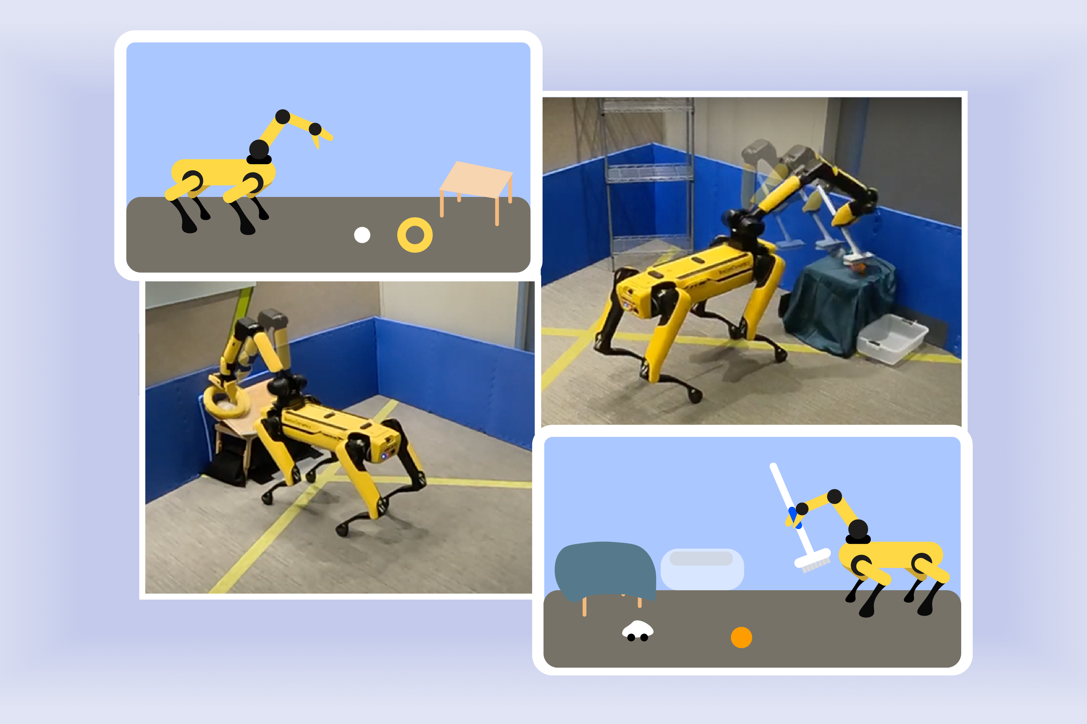 A new algorithm developed by researchers at MIT CSAIL helps robots practice skills on their own. In experiments, it guided a quadruped with sweeping and placing various items (Credits: Alex Shipps/MIT CSAIL).