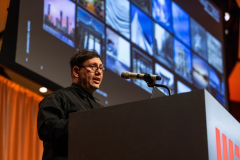 “I’m inspired by the idea of how our perceptions of physical and virtual worlds are transforming us,” keynote speaker and artist Refik Anadol explained to a packed Kresge Auditorium (Jake Belcher).